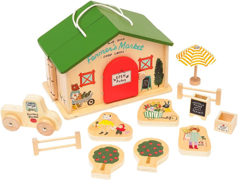 Manhattan Toy Farmer’s Market Day - 12-Piece Portable Wooden Toy Figure Pretend Shopping Playset