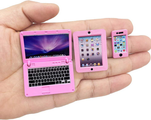 3 Pack Dollhouse Mini Laptop Tablet and Smart Phone Scene Accessories for Doll 1/6 1/12 Miniatures Silver