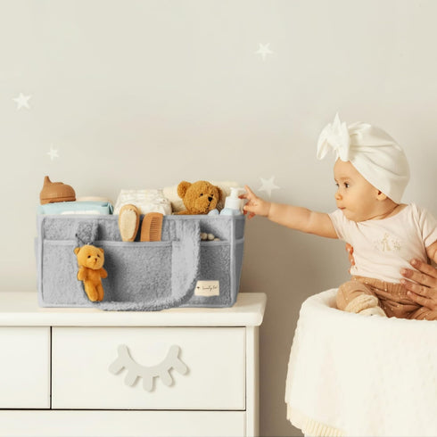 Sweety Fox Baby Diaper Caddy Organizer with Handle - Portable Sherpa Nursery Basket - Car Diaper Organizer, Cleaning