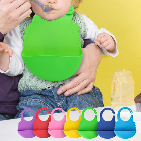 7 Pack Silicone Baby Bibs for Babies & Toddlers (6-72 Months), Waterproof Feeding, Easy Clean, Unisex, Non Messy