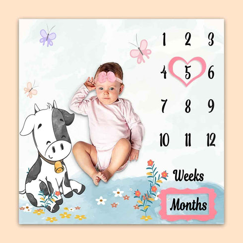 Cow Print Baby Monthly Milestone Blanket, Farm Animals, 40"x40", Unisex, Includes 4 Frames & 1 Headband