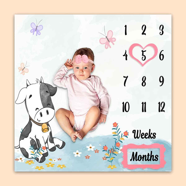 Cow Print Baby Monthly Milestone Blanket, Farm Animals, 40"x40", Unisex, Includes 4 Frames & 1 Headband
