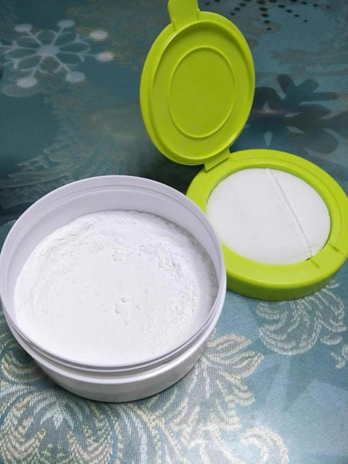 Happyupcity White Plastic Empty Baby Powder Puff Case with Green Sifter Lid Refillable After-Bath Talcum Powder Jar