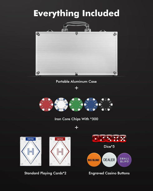 Set 200-pcs 5 HEITOK Texas Hold'em Poker Chip with Aluminum Carrying Case & Professional Weight Chips Plus Poker Dice