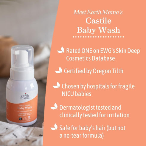 Earth Mama Sweet Orange Baby Liquid Wash Foaming Hand Soap - Organic All Purpose Body Wash for Sensitive Skin, Castile