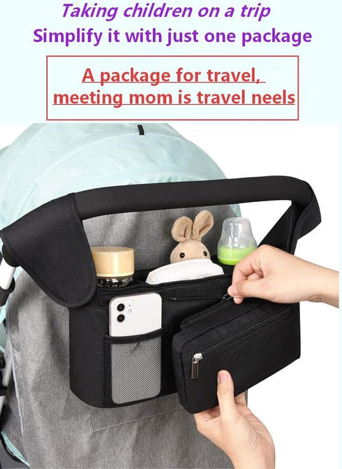 Generic The multi-functional baby carriage storage bag can be fixed on the vehicle. It has a cup holder and detachable