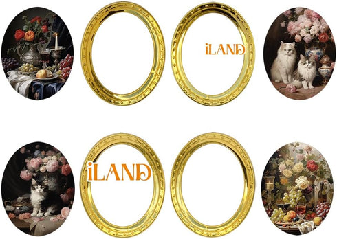 iLAND Miniature Dollhouse Accessories, 4 Dollhouse Picture Frames Set w/Printed Paintings (Golden Color)