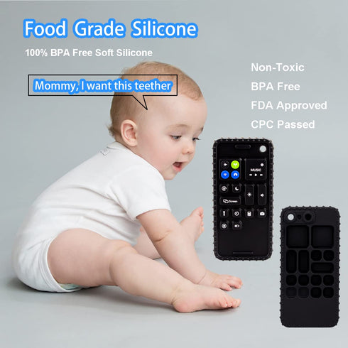 Baby Phone Teething Toys for Babies 0-3, 0-6, 6-12 Months | Soft Silicone Baby Cell Phone Teethers Toys | Baby Fidget Toys 0-6 Months | Infant Teether for Breastfeeding Baby Boy Girl (Black)