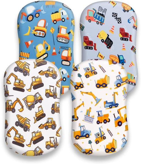FIGEPO 4 Pack Set Baby Boy Bassinet Sheets Soft Fitted Baby Boy Mattress Covers Construction Truck or Dinosaur Theme