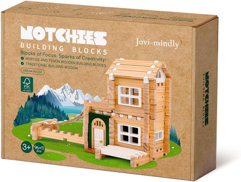 107 4-8 Jovi-mindlyNotchies Pcs Wooden Blocks Toys with Door and Windows,Classic Old Fashioned Toys,Wooden Building