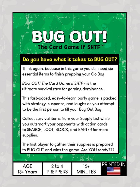 13+, Bug Out! The Card Game If SHTF, Casual Party Game with Action Cards, Survival Theme, Ages Makes a Great Birthday
