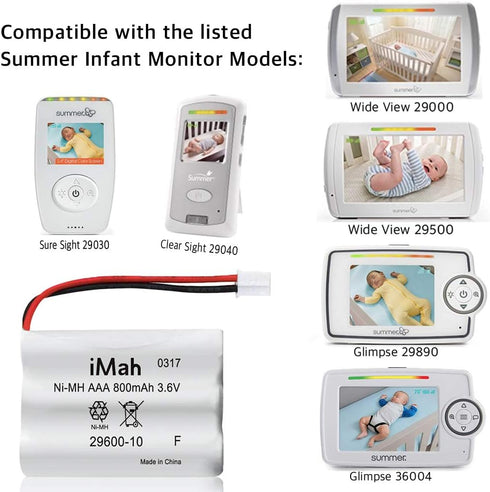 iMah 29600-10 Summer 28650 29000 29000A 29040 29030 Ni-MH Battery Replacement for Infant Baby Monitor Wide View & Clear