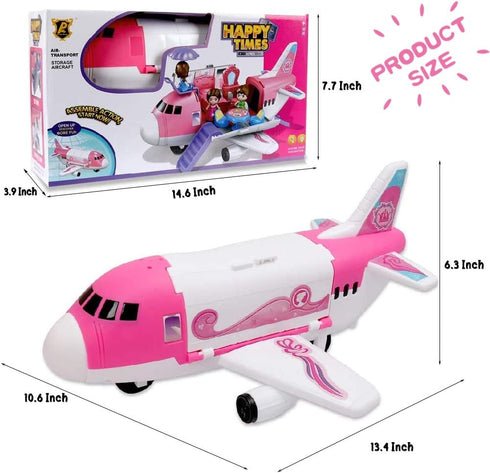 Playset Pink Airplane Toy Private Jet Transport Cargo Vehicle - Big Large Aircraft Plane with Figures and Beauty