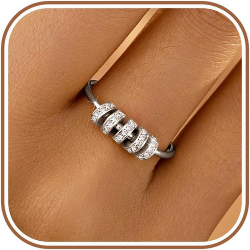 LOVECOM S925 Sterling Silver Anti Anxiety Fidget Spinner Ring Cubic Zirconia Beads