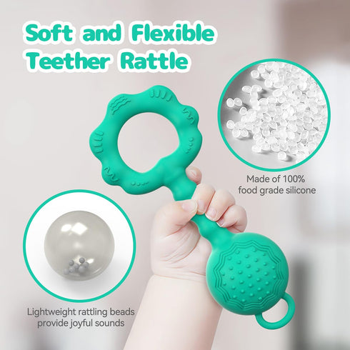 Teething Toys for Babies 0-6 Months, 2-in-1 Rattle and Teether Toy for Soothing Sore Gums, Food Grade Silicone