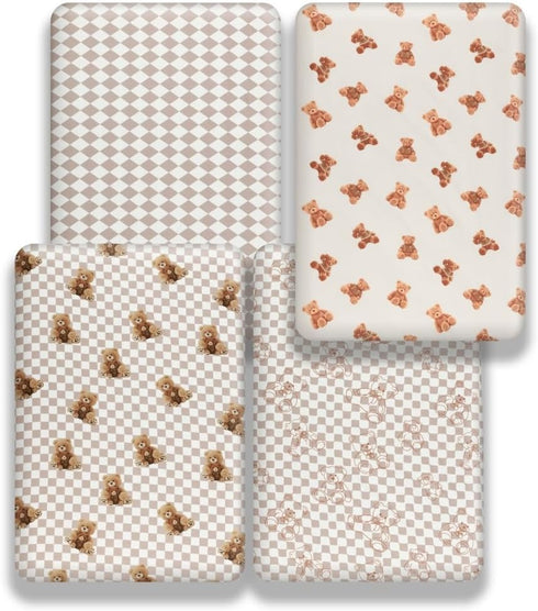 FIGEPO Set Fitted Baby Neutral Crib Sheets Bear and Buffalo Check Plaid Breathable Unisex Baby Standard Crib Sheet