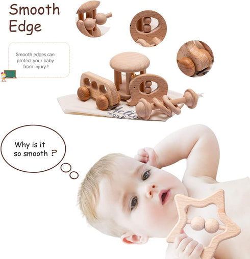Organic Wooden Baby Rattle Toy - Montessori Rattle Roller, Waldorf Inspired Grasping Toddler Toys