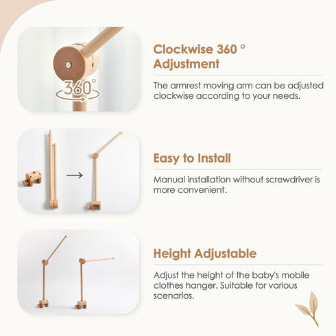 HI BABY MONMENT Crib Mobile Arm - Rotating Baby Mobile Hanger, Natural Beech Wood, Mobile Stand for Crib Nursery Decor