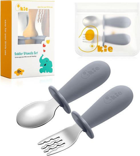 Toddler Utensils - Stainless Steel Forks and Spoons, Baby Silverware with BPA Free Silicone Easy Grip, 8 Months+