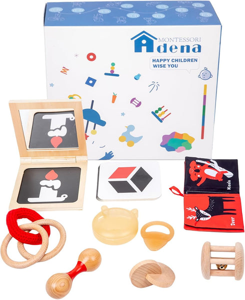 Adena Montessori Play Kit for 3-4 Months Baby,8 in 1 Wooden Learning