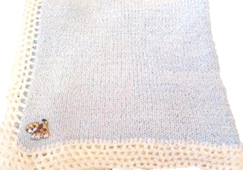 SONA Knitted & Crochet Blue Chenille White Cotton Trim Baby Blanket with Brown