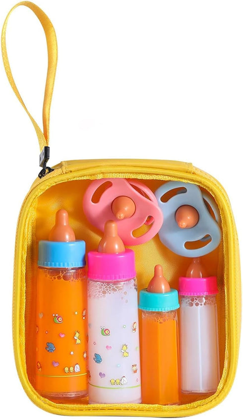 Magic Disappearing Milk and Juice Bottles - 6 Pieces Pretend Play Feeding Toy Set with Pacifiers