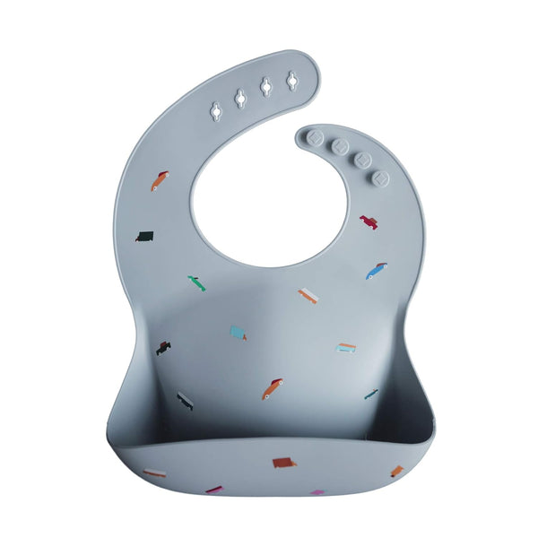 mushie Silicone Baby Bib, Adjustable Fit Waterproof Bibs (Retro Cars Design)