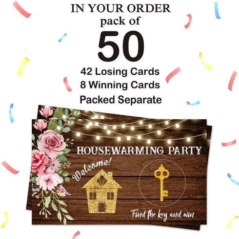 50 Pack Housewarming Scratch Off Game - Wood Grain Key Scratch Card for Rustic New Home Party