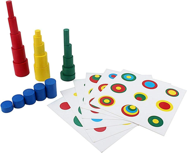 Montessori Colored Cylinders with Control Cards, Kids Wooden Knobless Blocks for Shape & Color Recognition