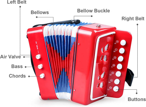 Tosnail Kids Accordion Toy - 10 Keys Buttons Control Mini Musical Instruments for Children - Red