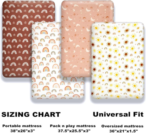 Jola's House 4 Pack N Play Sheets - Mini Crib Sheets Boho Nursery Sheets, Sunshine & Rainbow Design - Neutral Unisex
