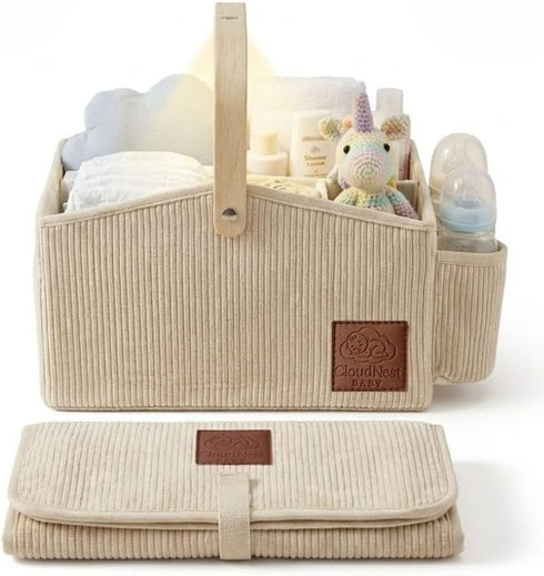 Diaper Caddy Organizer With Portable Changing Mat, LED Night Light, Wooden Handle