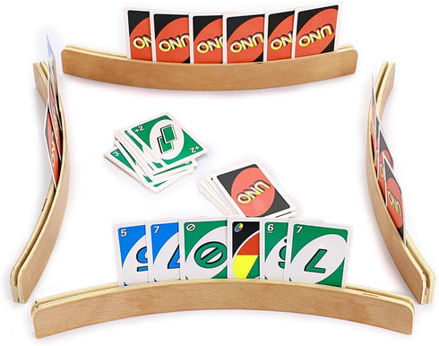 OwnMy Set of 4 Wooden Card Holders for Playing Cards, 13" Curved Wood Organizer for Kids, Adults, and Seniors