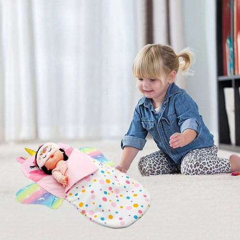 Baby Doll Sleeping Bag Toy Playset, Rainbow Unicorn Doll Bedding Accessories with Eye Mask for 12 Inch Doll