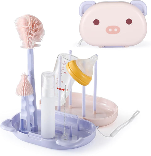 VOOWO Baby Bottle Brush & Drying Rack, Portable Travel Kit - Silicone