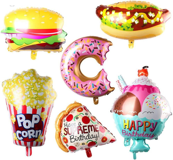 6pcs Giant Popcorn Balloons - 25inch Ice Cream, Hot Dog, Hamburger, Donut, Pizza Balloons for Luau Party Decorations