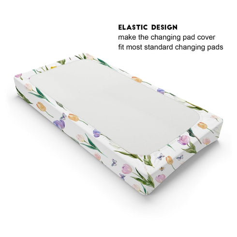 Watercolor Tulips Bees Butterflies Changing Pad Covers, Boho Spring Floral Sheets for Baby Girl, 32''x16''