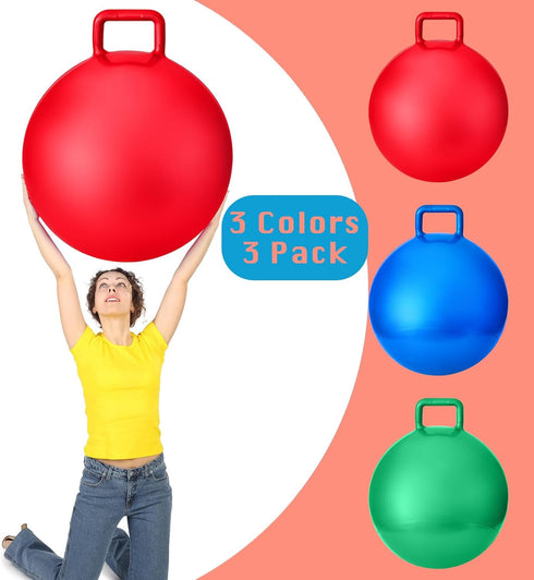 Lewtemi 3 Pcs 31 Inch Bouncing Balls with Handle - Outdoor Hopper Balls, Exercise Balls & Air Pump (Red, Blue, Green)