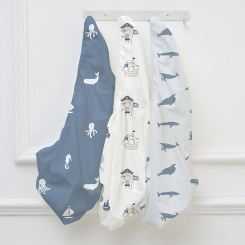 47"x24", 3 Pack Nap Mat Sheet Blue Ocean Sailor Baby Crib Sheets Fitted Elastic Corners, Preschool Day Care Rest Mat