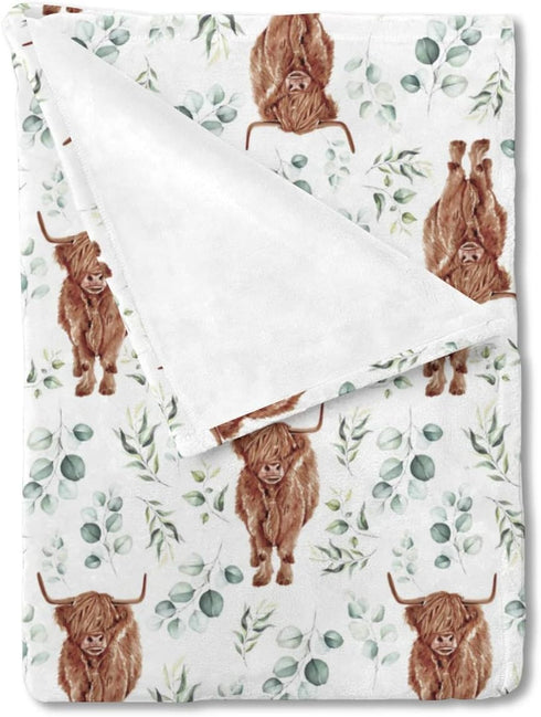 Highland Cow Eucalyptus Leaf Baby Blanket, Western Farm Animal Yak Flannel Fleece Nursery Swaddle Receiving Blankets,