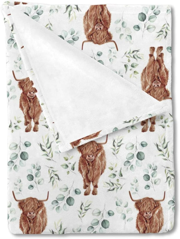 Highland Cow Eucalyptus Leaf Baby Blanket, Western Farm Animal Yak Flannel Fleece Nursery Swaddle Receiving Blankets,
