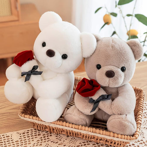9.8'' Teddy Bear with Rose, Soft Plush Doll, Valentines Day Gifts for Her/Girlfriend Mom Kids (White)