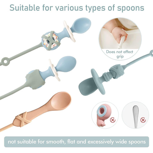Toddler Utensils, Silicone Stretch Lids for Fork and Spoon, Food Grade Silicone Holder Strap, Dishwasher Safe (Green