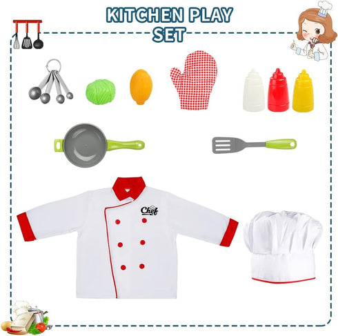 Set Chef Costume for Kids, Cook Role Play Dress -Up With Realistic Kitchen Toys, Pretend Chef Outfit for Halloween