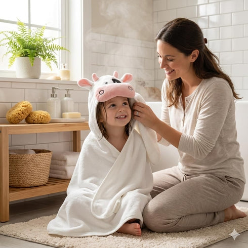 POCASOPA 35x35 Hooded Towel with Cute Cow Vaquita Design - Rayon Made from Bamboo - Premium Baby Gift - Ultra Soft