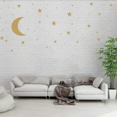 Moon and Stars Wall Decal Vinyl Sticker, Removable Kids Art for Baby Room Decoration, Good Night Nursery Decor (Golden)