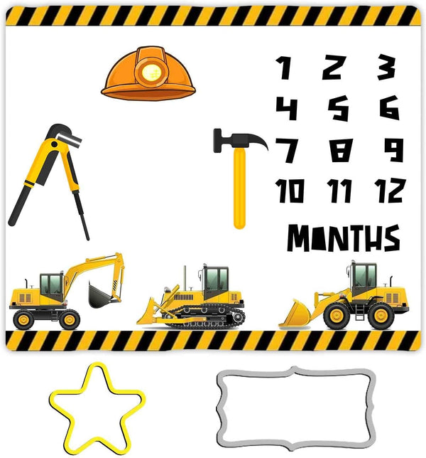 Construction Vehicle Baby Monthly Milestone Blanket, 48x40in Soft Flannel Hard Hat Tool Hammer Blanket for Newborn Gift