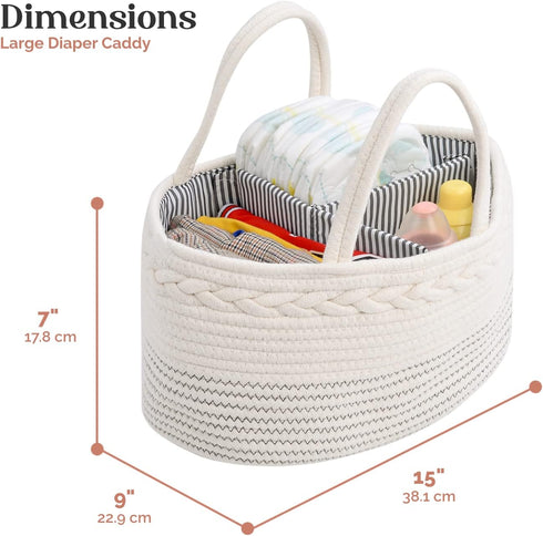 luxury little Diaper Caddy Organizer, Large Cotton Rope Nursery Baby Basket, Changing Table Organizer for Baby Diaper Storage, Portable Car Organizer with Removable Divider, Baby Shower Gifts - White by luxury little