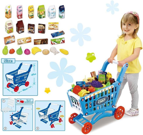 54pcs Playset RedCrab Kids Shopping Cart Toy Supermarket Included Grocery Cart Toy,Credit Card Pretend Fruit Vegetables