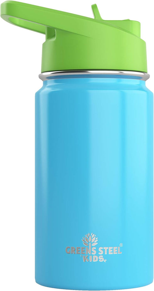Kids Water Bottle 12oz Blue - Leak Proof with Straw & Handle, Insulated Double Wall Stainless Steel, Easy Sip Toddler
